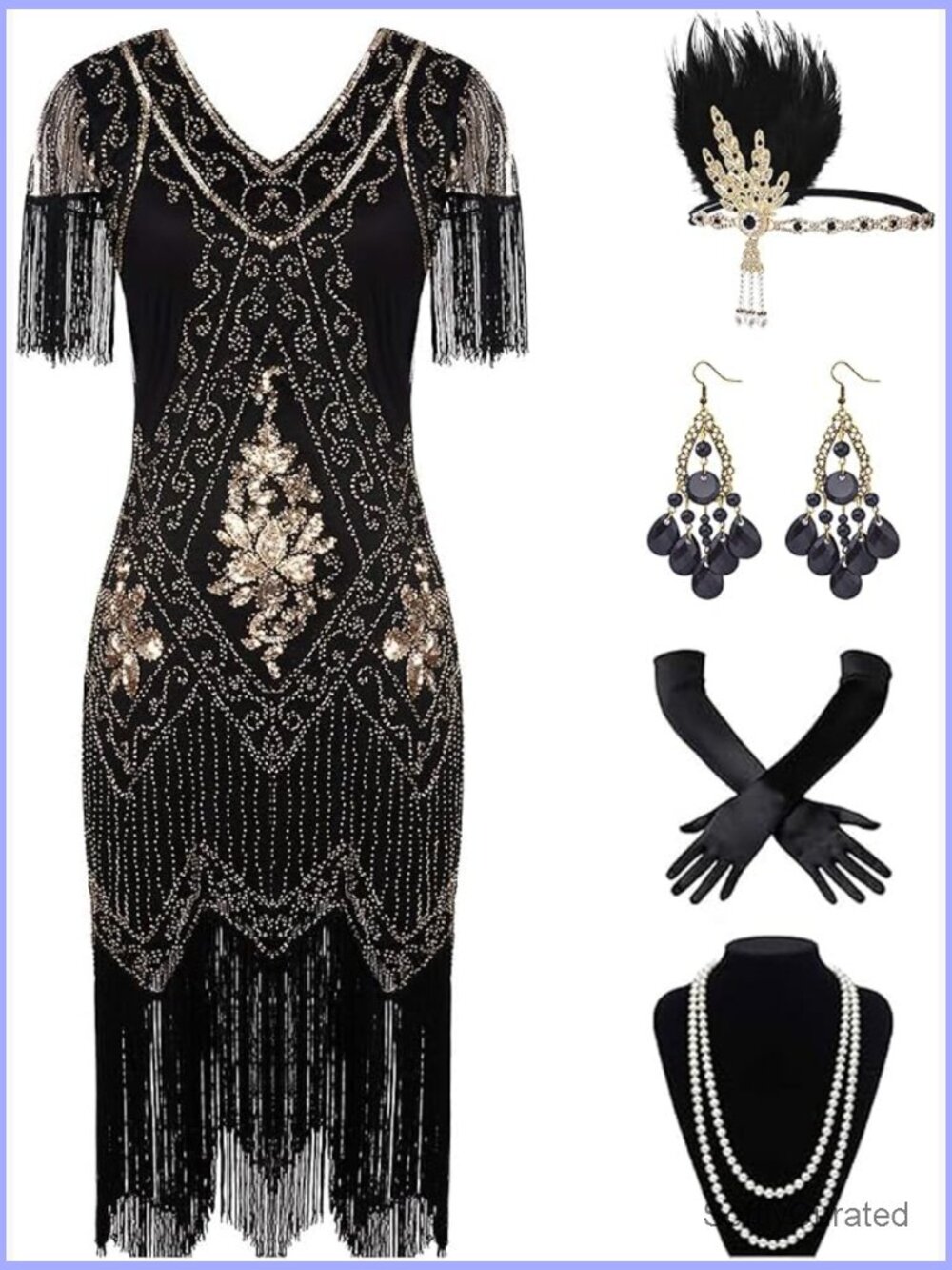 Plus Size 1920s Flapper Fringed Sequin Cocktail Dress with Accessories - Picture 1 of 6
